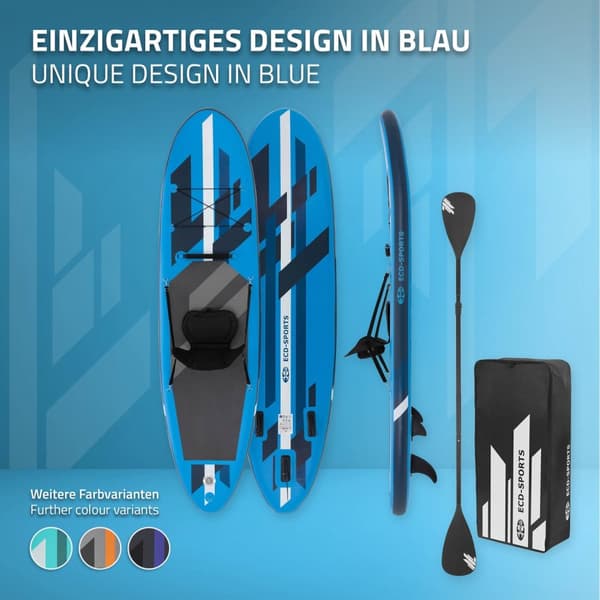 Ilmatäytteinen Stand Up Paddle Board, jossa on kajakin istuin, 305 x 78 x 15 cm, sininen