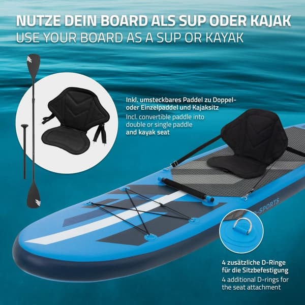 Ilmatäytteinen Stand Up Paddle Board, jossa on kajakin istuin, 305 x 78 x 15 cm, sininen