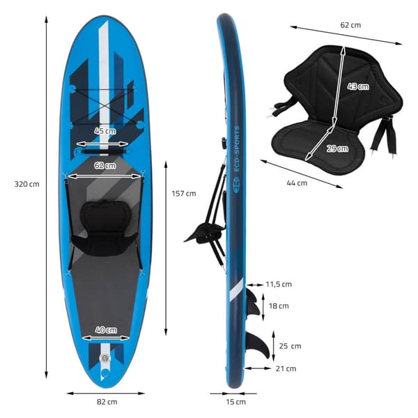 Ilmatäytteinen Stand Up Paddle Board, jossa on kajakin istuin, 305 x 78 x 15 cm, sininen
