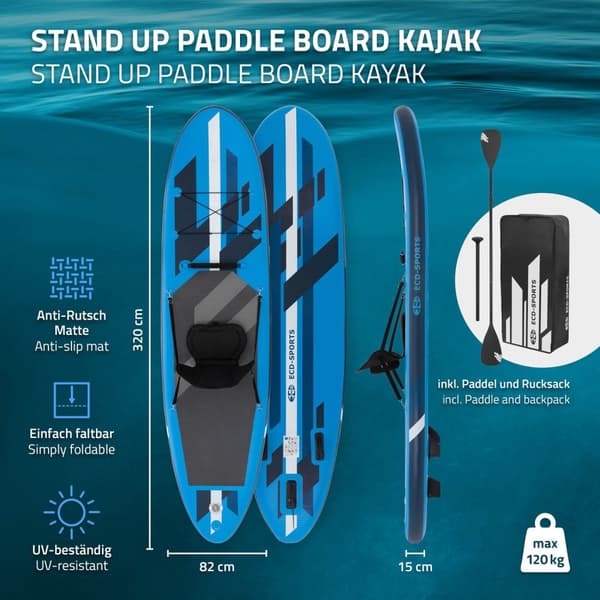Ilmatäytteinen Stand Up Paddle Board, jossa on kajakin istuin, 305 x 78 x 15 cm, sininen