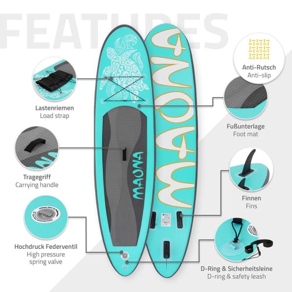 Surfingbräda Stand Up Paddle SUP styrelse Maona paddel ombord uppblåsbar Turquoise 308 cm