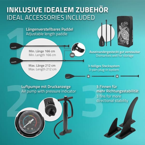 Surfingbräda Stand Up Paddle SUP styrelse Maona paddel ombord uppblåsbar Turquoise 308 cm