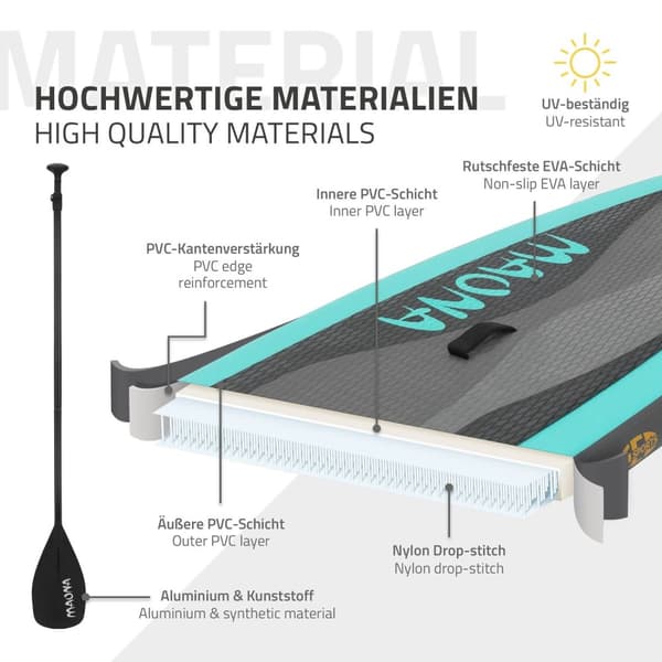Surfingbräda Stand Up Paddle SUP styrelse Maona paddel ombord uppblåsbar Turquoise 308 cm