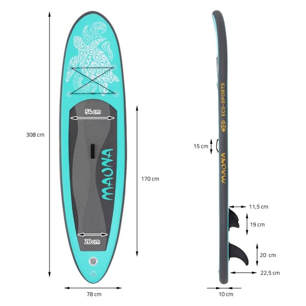Surfingbräda Stand Up Paddle SUP styrelse Maona paddel ombord uppblåsbar Turquoise 308 cm