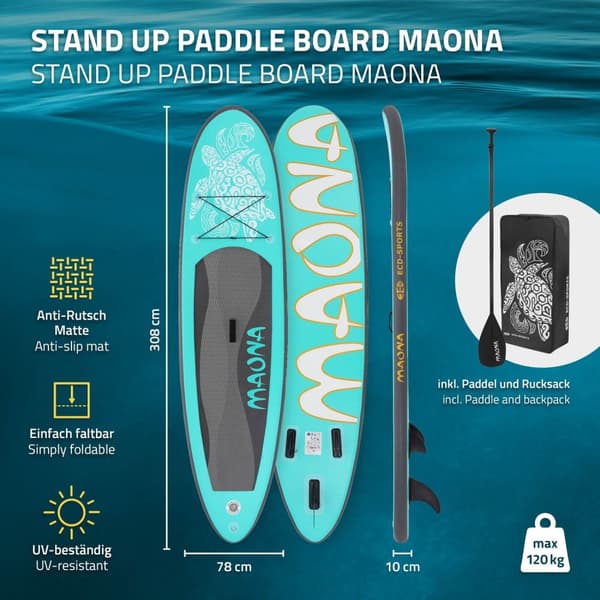 Surfingbräda Stand Up Paddle SUP styrelse Maona paddel ombord uppblåsbar Turquoise 308 cm