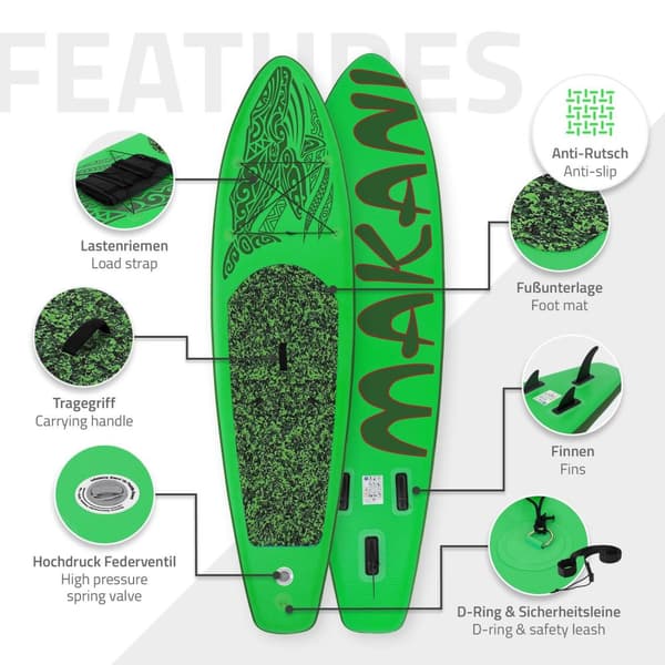 Surfingbräda Stand Up Paddle SUP styrelse Makani paddel ombord uppblåsbar grön 320 cm