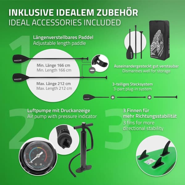 Surfingbräda Stand Up Paddle SUP styrelse Makani paddel ombord uppblåsbar grön 320 cm