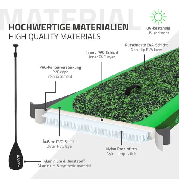 Surfingbräda Stand Up Paddle SUP styrelse Makani paddel ombord uppblåsbar grön 320 cm