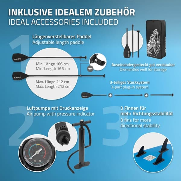Surfbræt Stand Up Paddle SUP bord Makani padle bord oppustelige Blå 320 cm