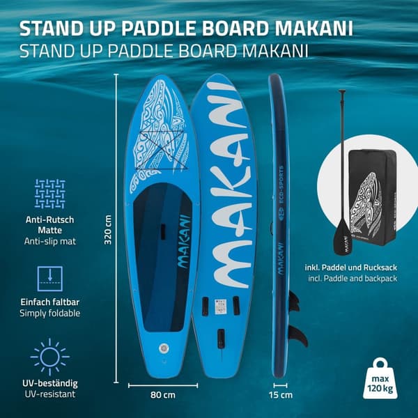 Surfbræt Stand Up Paddle SUP bord Makani padle bord oppustelige Blå 320 cm