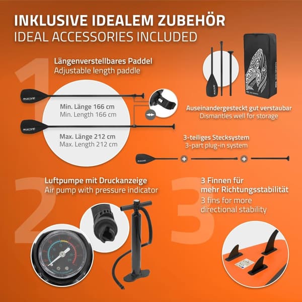 Aufblasbares Stand Up Paddle Board Makani, oranssi, 320x82x15 cm
