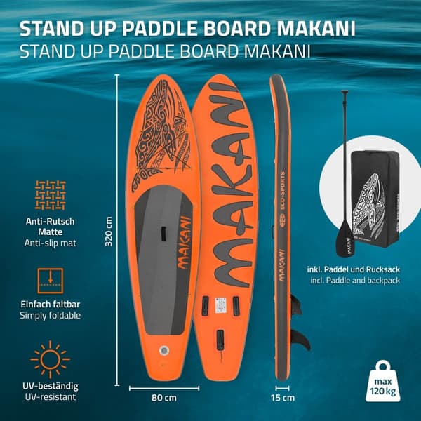 Aufblasbares Stand Up Paddle Board Makani, oranssi, 320x82x15 cm