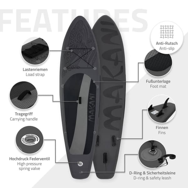 ECD Germany Oppustelig Stand Up Paddle Board Makani | 320x82x15 cm | Sort | PVC | op til 150 kg | Tilbehør til pumpeholder | SUP bord padlebræt