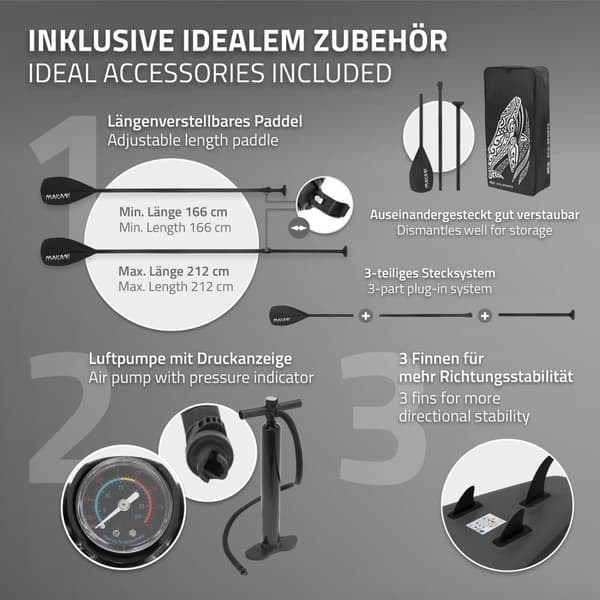 ECD Germany Oppustelig Stand Up Paddle Board Makani | 320x82x15 cm | Sort | PVC | op til 150 kg | Tilbehør til pumpeholder | SUP bord padlebræt