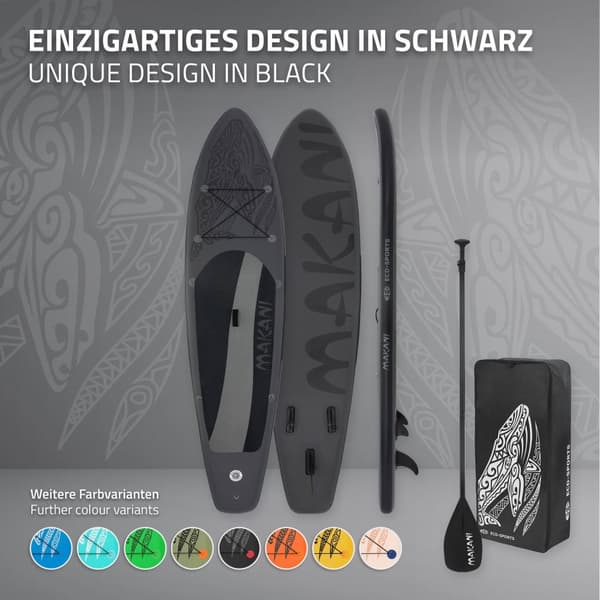 ECD Germany Oppustelig Stand Up Paddle Board Makani | 320x82x15 cm | Sort | PVC | op til 150 kg | Tilbehør til pumpeholder | SUP bord padlebræt