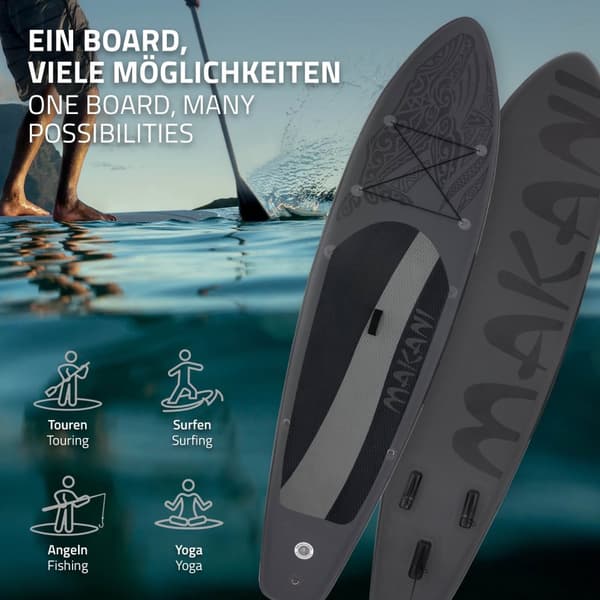 ECD Germany Oppustelig Stand Up Paddle Board Makani | 320x82x15 cm | Sort | PVC | op til 150 kg | Tilbehør til pumpeholder | SUP bord padlebræt
