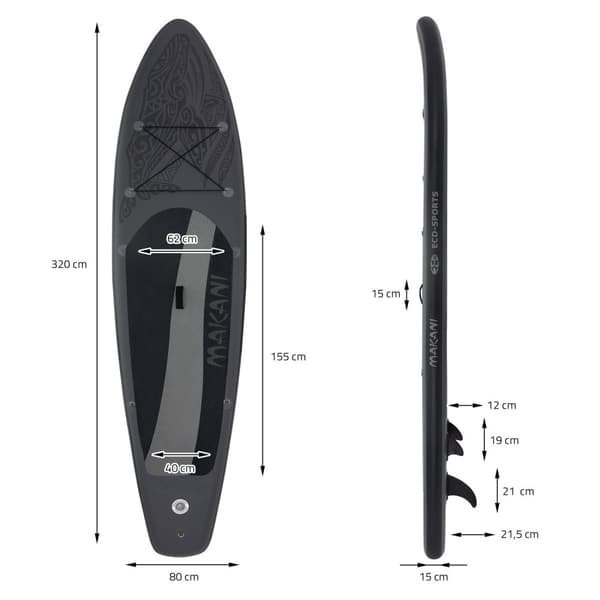 ECD Germany Oppustelig Stand Up Paddle Board Makani | 320x82x15 cm | Sort | PVC | op til 150 kg | Tilbehør til pumpeholder | SUP bord padlebræt