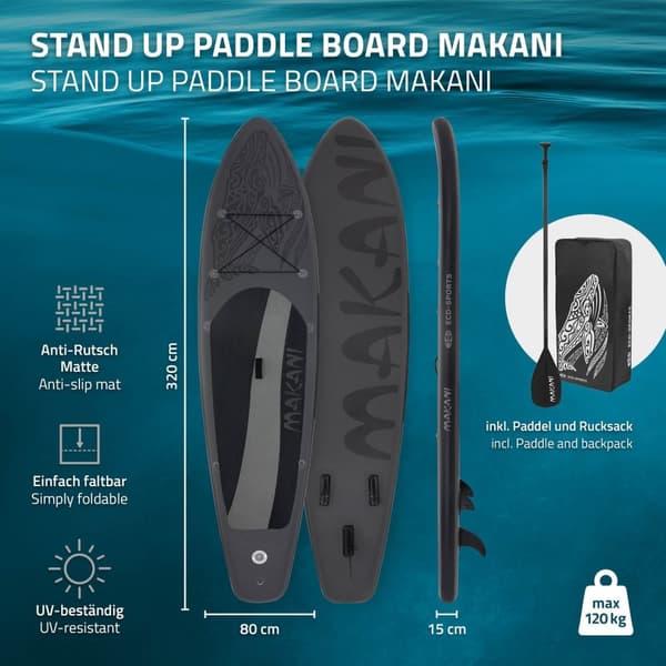 ECD Germany Oppustelig Stand Up Paddle Board Makani | 320x82x15 cm | Sort | PVC | op til 150 kg | Tilbehør til pumpeholder | SUP bord padlebræt