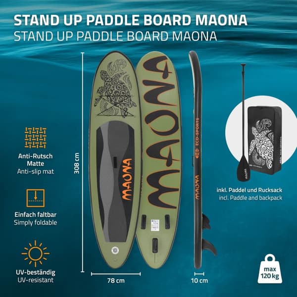Surfbräda Stand Up Paddle SUP Board Maona Paddelboard aufblasbar Olive 308cm