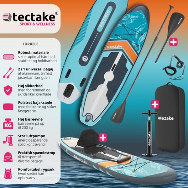 Paddleboard, 2 i 1 oppustelig - turkis/orange