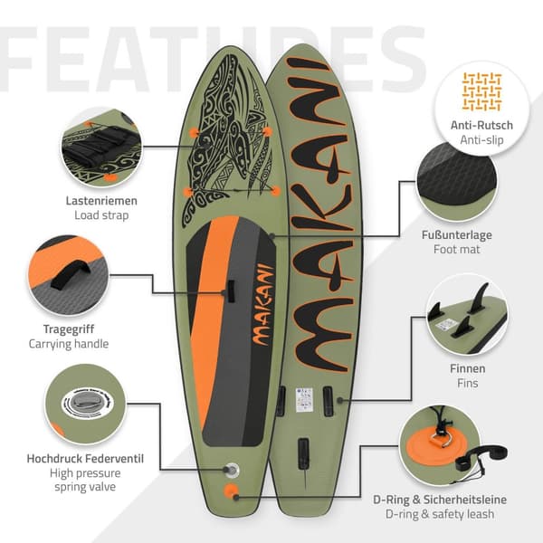 ECD Germany Oppusteligt Stand Up Paddle Board Makani | 320 x 80 x 15 cm | Oliven | PVC | op til 120 kg | Pumpe Bæretaske Tilbehør | SUP Board