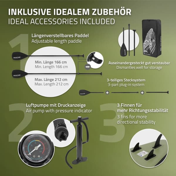 ECD Germany Oppusteligt Stand Up Paddle Board Makani | 320 x 80 x 15 cm | Oliven | PVC | op til 120 kg | Pumpe Bæretaske Tilbehør | SUP Board