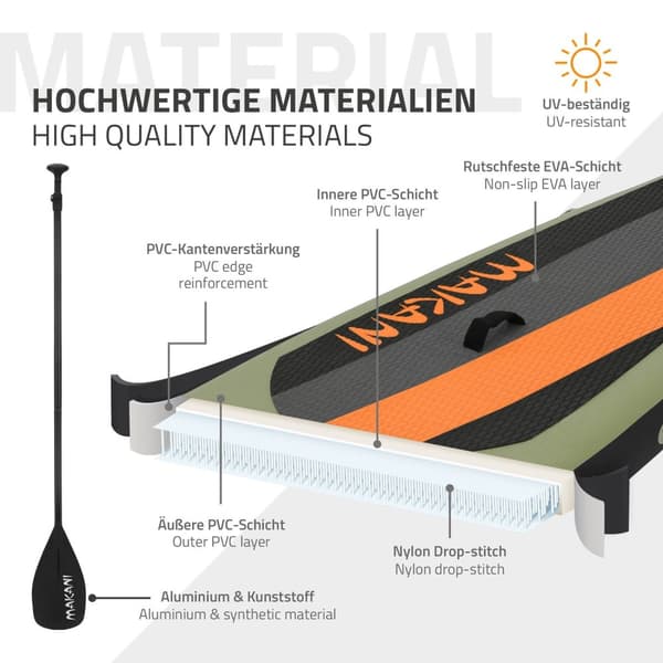 ECD Germany Oppusteligt Stand Up Paddle Board Makani | 320 x 80 x 15 cm | Oliven | PVC | op til 120 kg | Pumpe Bæretaske Tilbehør | SUP Board