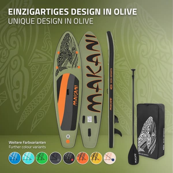ECD Germany Oppusteligt Stand Up Paddle Board Makani | 320 x 80 x 15 cm | Oliven | PVC | op til 120 kg | Pumpe Bæretaske Tilbehør | SUP Board