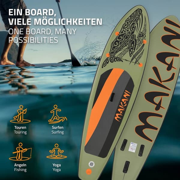 ECD Germany Oppusteligt Stand Up Paddle Board Makani | 320 x 80 x 15 cm | Oliven | PVC | op til 120 kg | Pumpe Bæretaske Tilbehør | SUP Board