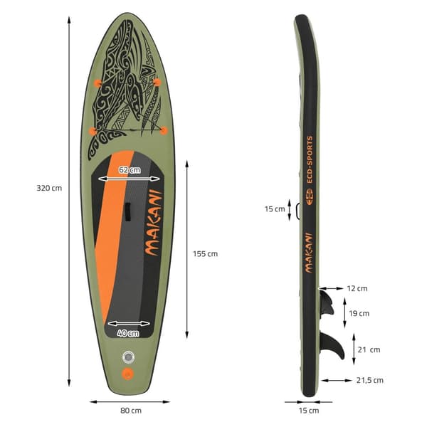 ECD Germany Oppusteligt Stand Up Paddle Board Makani | 320 x 80 x 15 cm | Oliven | PVC | op til 120 kg | Pumpe Bæretaske Tilbehør | SUP Board