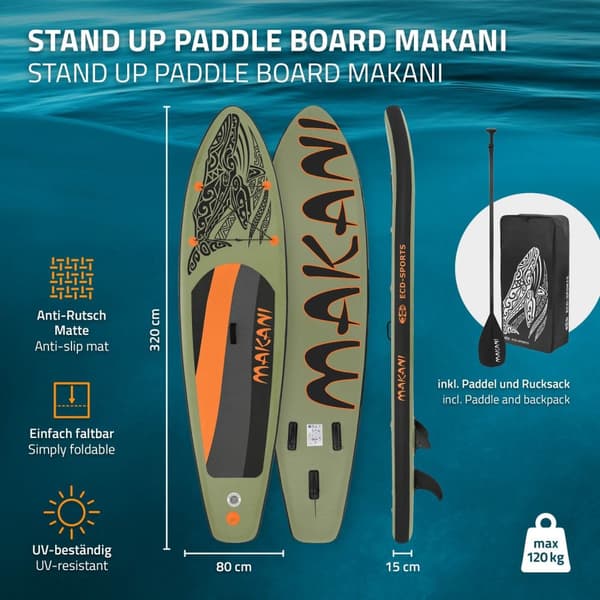 ECD Germany Oppusteligt Stand Up Paddle Board Makani | 320 x 80 x 15 cm | Oliven | PVC | op til 120 kg | Pumpe Bæretaske Tilbehør | SUP Board