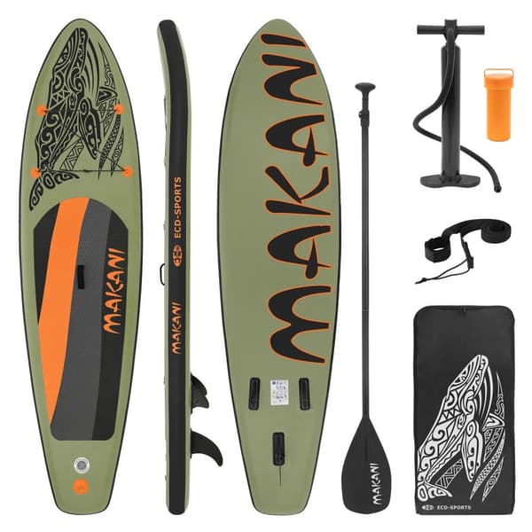 ECD Germany Oppusteligt Stand Up Paddle Board Makani | 320 x 80 x 15 cm | Oliven | PVC | op til 120 kg | Pumpe Bæretaske Tilbehør | SUP Board