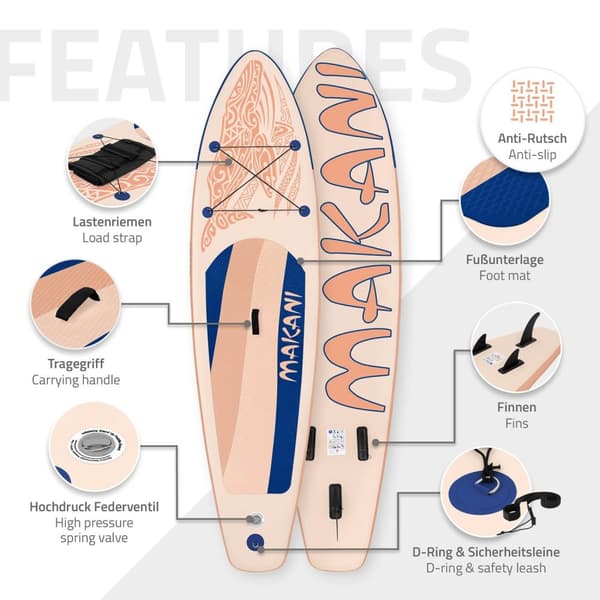 ECD Germany Puhallettava Stand Up Paddle Board Makani | 320 x 80 x 15 cm | Aprikoosi | PVC | jopa 120kg | Pumpun kantolaukku | Lisävarusteet | SUP