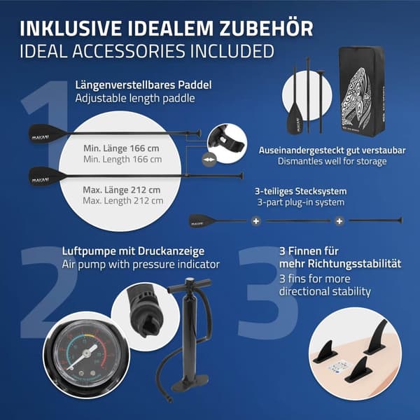 ECD Germany Puhallettava Stand Up Paddle Board Makani | 320 x 80 x 15 cm | Aprikoosi | PVC | jopa 120kg | Pumpun kantolaukku | Lisävarusteet | SUP