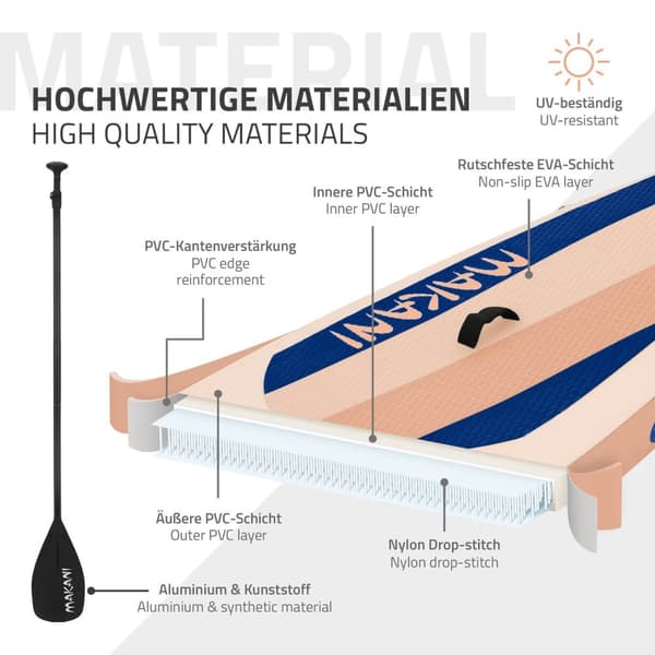 ECD Germany Puhallettava Stand Up Paddle Board Makani | 320 x 80 x 15 cm | Aprikoosi | PVC | jopa 120kg | Pumpun kantolaukku | Lisävarusteet | SUP