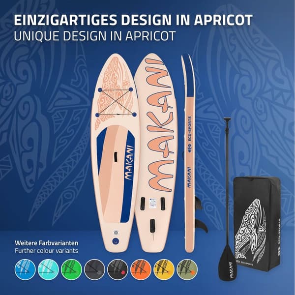 ECD Germany Puhallettava Stand Up Paddle Board Makani | 320 x 80 x 15 cm | Aprikoosi | PVC | jopa 120kg | Pumpun kantolaukku | Lisävarusteet | SUP