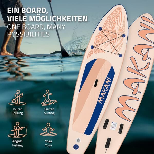 ECD Germany Puhallettava Stand Up Paddle Board Makani | 320 x 80 x 15 cm | Aprikoosi | PVC | jopa 120kg | Pumpun kantolaukku | Lisävarusteet | SUP