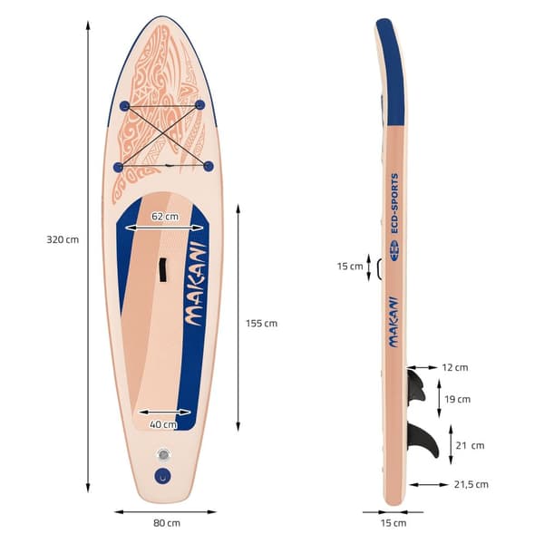 ECD Germany Puhallettava Stand Up Paddle Board Makani | 320 x 80 x 15 cm | Aprikoosi | PVC | jopa 120kg | Pumpun kantolaukku | Lisävarusteet | SUP