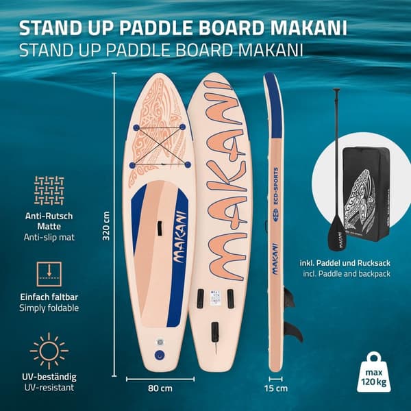 ECD Germany Puhallettava Stand Up Paddle Board Makani | 320 x 80 x 15 cm | Aprikoosi | PVC | jopa 120kg | Pumpun kantolaukku | Lisävarusteet | SUP