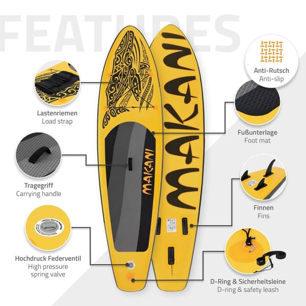ECD Germany Uppblåsbar Stand Up Paddle Board Makani | 320 x 80 x 15 cm | gul | PVC | upp till 120 kg | pump bärväska tillbehör | SUP Board Paddling