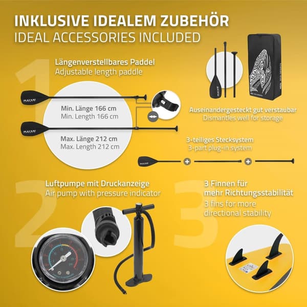 ECD Germany Uppblåsbar Stand Up Paddle Board Makani | 320 x 80 x 15 cm | gul | PVC | upp till 120 kg | pump bärväska tillbehör | SUP Board Paddling