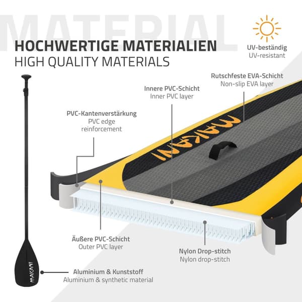 ECD Germany Uppblåsbar Stand Up Paddle Board Makani | 320 x 80 x 15 cm | gul | PVC | upp till 120 kg | pump bärväska tillbehör | SUP Board Paddling