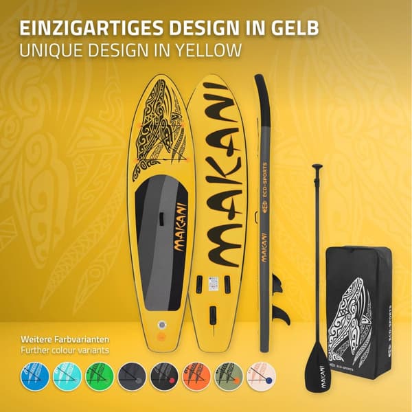 ECD Germany Uppblåsbar Stand Up Paddle Board Makani | 320 x 80 x 15 cm | gul | PVC | upp till 120 kg | pump bärväska tillbehör | SUP Board Paddling