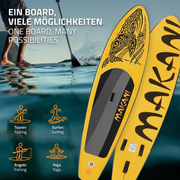 ECD Germany Uppblåsbar Stand Up Paddle Board Makani | 320 x 80 x 15 cm | gul | PVC | upp till 120 kg | pump bärväska tillbehör | SUP Board Paddling