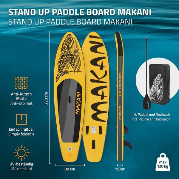 ECD Germany Uppblåsbar Stand Up Paddle Board Makani | 320 x 80 x 15 cm | gul | PVC | upp till 120 kg | pump bärväska tillbehör | SUP Board Paddling