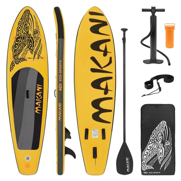 ECD Germany Uppblåsbar Stand Up Paddle Board Makani | 320 x 80 x 15 cm | gul | PVC | upp till 120 kg | pump bärväska tillbehör | SUP Board Paddling
