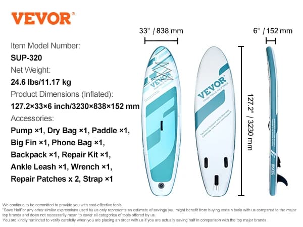 Ilmatäytteinen Stand Up Paddle Board, 127,2 x 33 x 6 tuumaa, sisältää kattavan lisävarustesetin,10.6x33x6