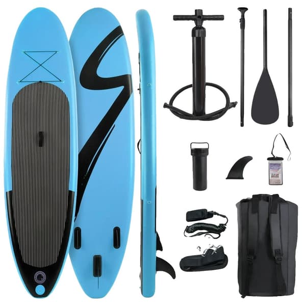 Ilmatäytteinen Stand Up Paddle Board, Säädettävä mela, Kaksisuuntainen pumppu, 3 evää,yksikerroksinen sininen