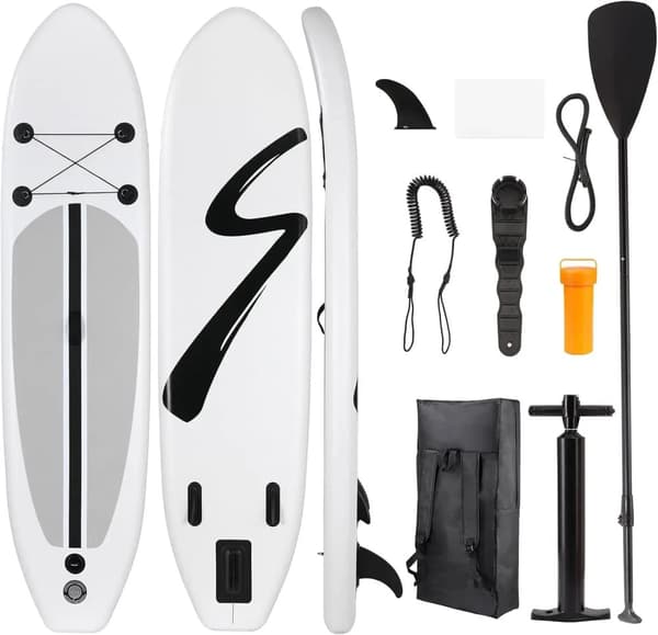 Oppustelig Stand Up Paddle Board, Justerbart Paddle, To-vejs Pumpe, 3 Finne,enkelt lag hvid