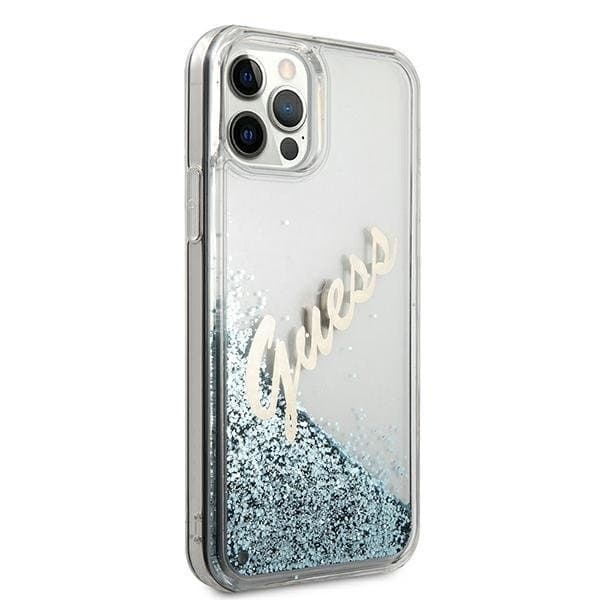 Guess iPhone 12 Pro Max Skal Glitter Vintage Script - Blå